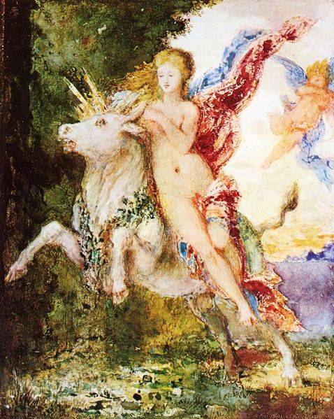 Europa on the back of Zeus as a White Bull, by Gustave Moreau (1869 watercolor) MoreauEuropa_and_the_Bull