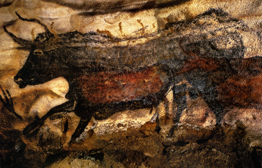 Cave Painting in Lascaux, France circa 15,000 BC bull in lascaux cave