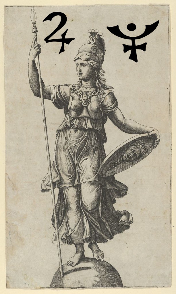 Pallas Athena standing on a globe, a spear in her left hand, a shield in her right